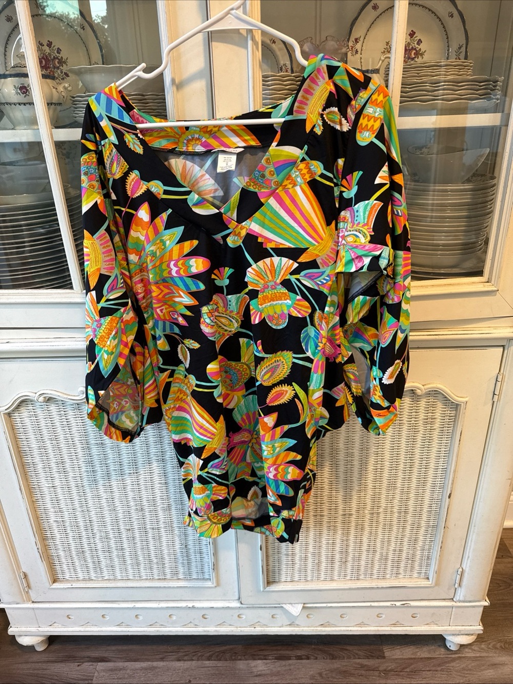 Trina Turk Black Floral-Print V-Neck Swim Coverup